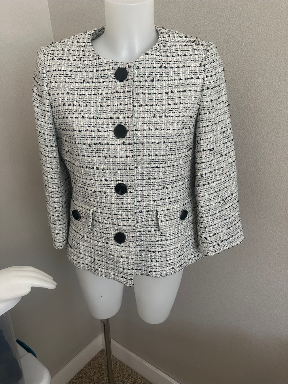 Karl Lagerfeld White Tweed Jacket with Black Buttons